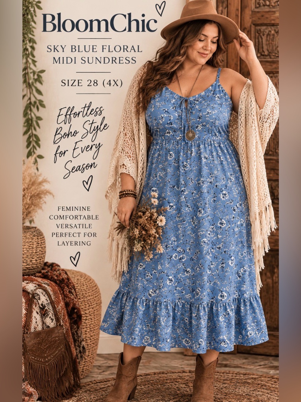 BloomChic -Sky Blue Floral Longer Midi ruffled sundress - plus size 28